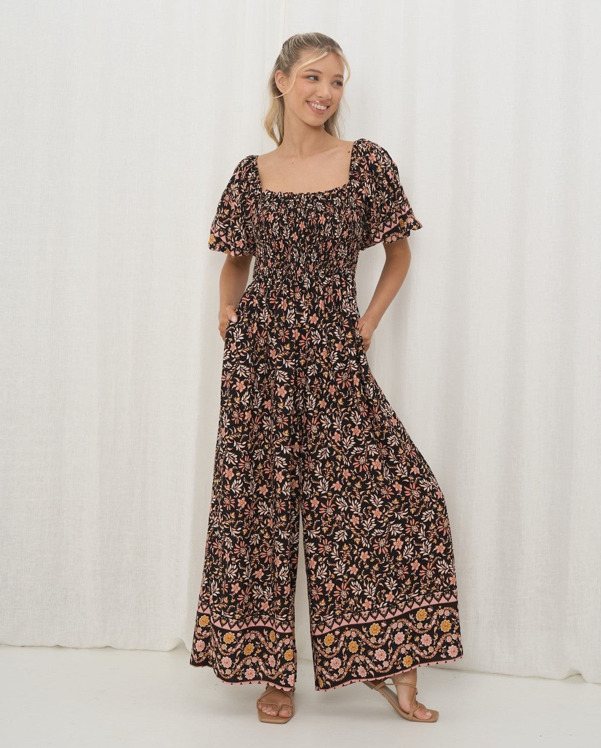 Floral Print Black Jumpsuit