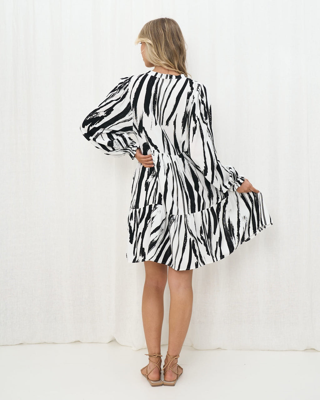 Long Sleeve Babydoll Dress Black and White