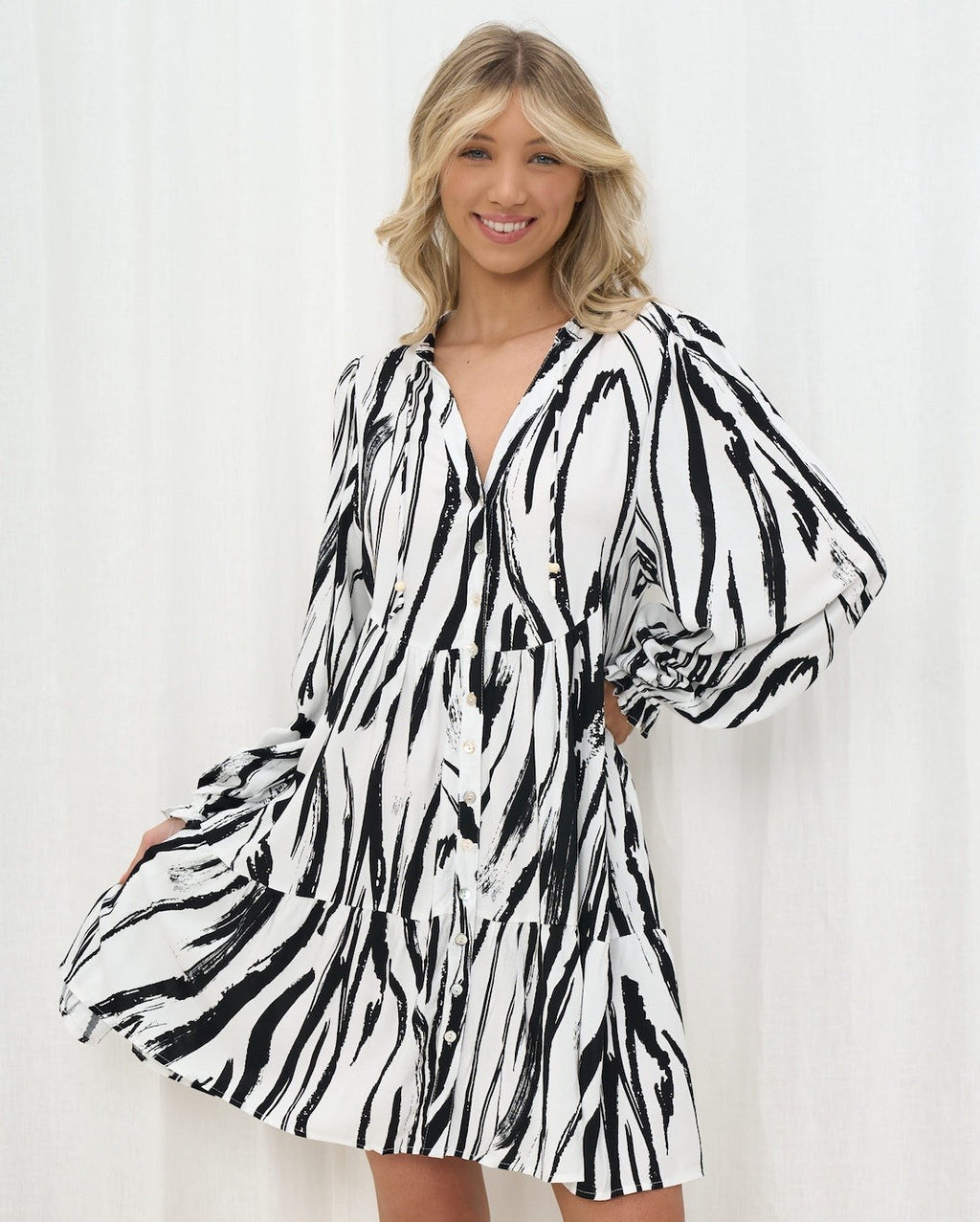 Long Sleeve Babydoll Dress Black and White