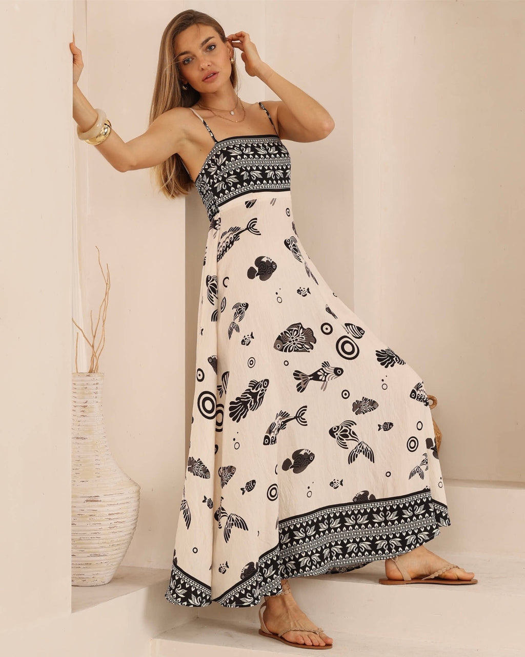 Oriental Fish Print Maxi Dress