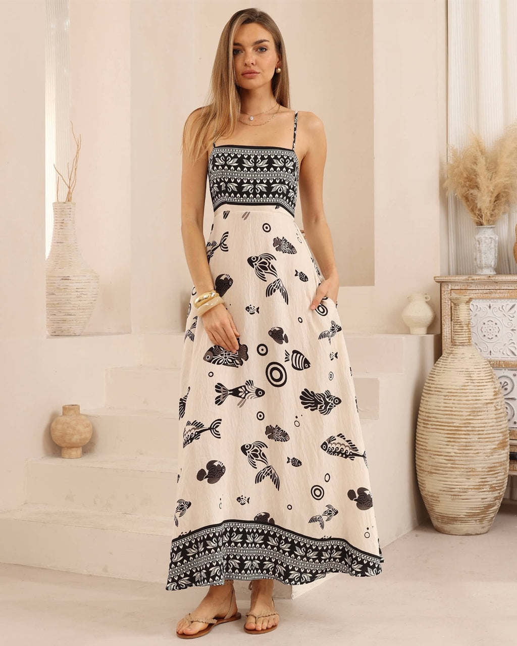 Oriental Fish Print Maxi Dress