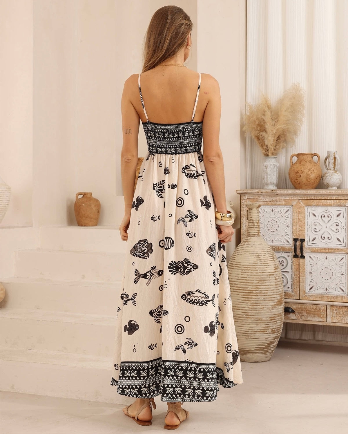 Oriental Fish Print Maxi Dress