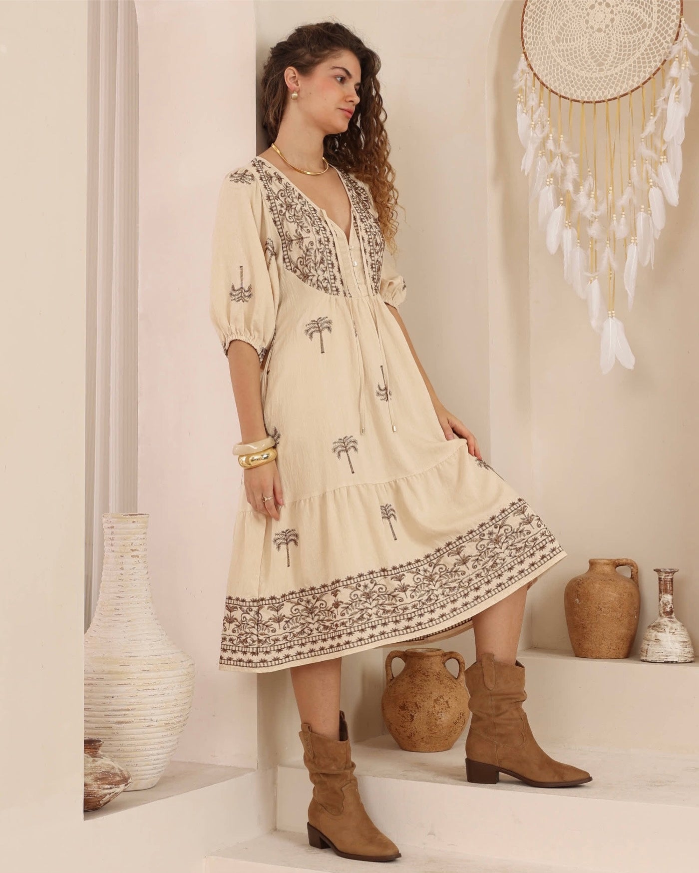 Palm Tree Embroidered Dress