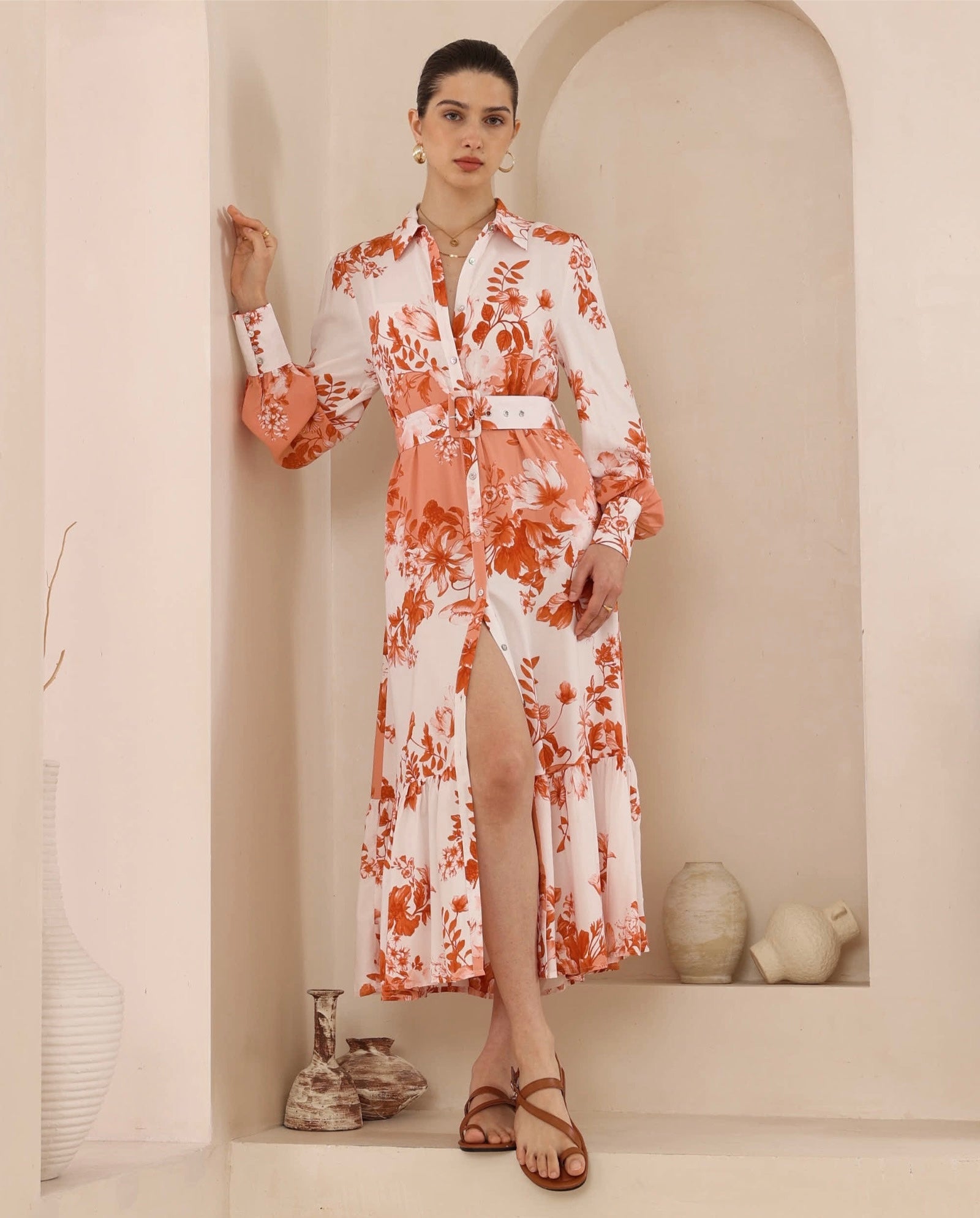 Coral Bloom Belted Midi Dress