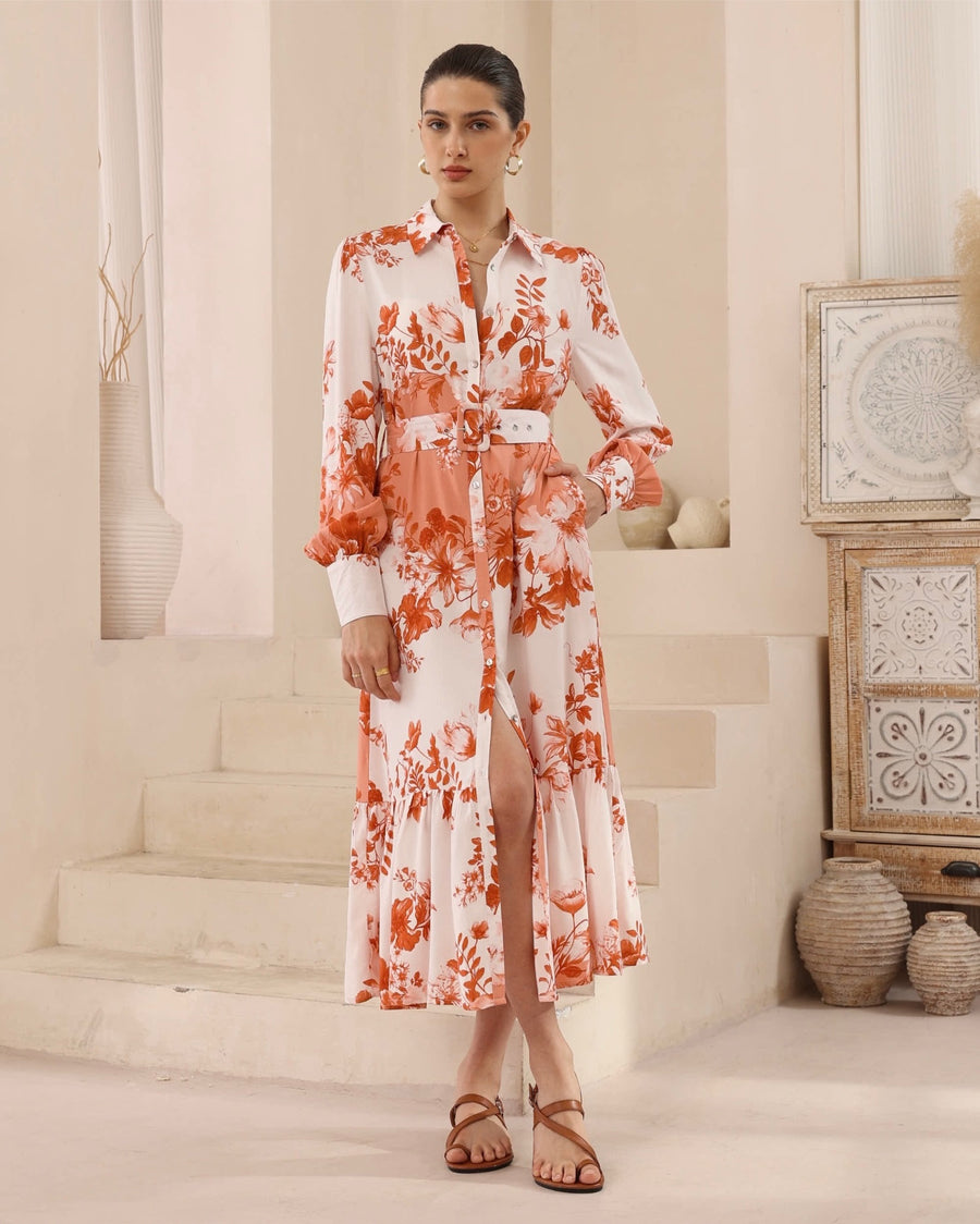 Coral Bloom Belted Midi Dress