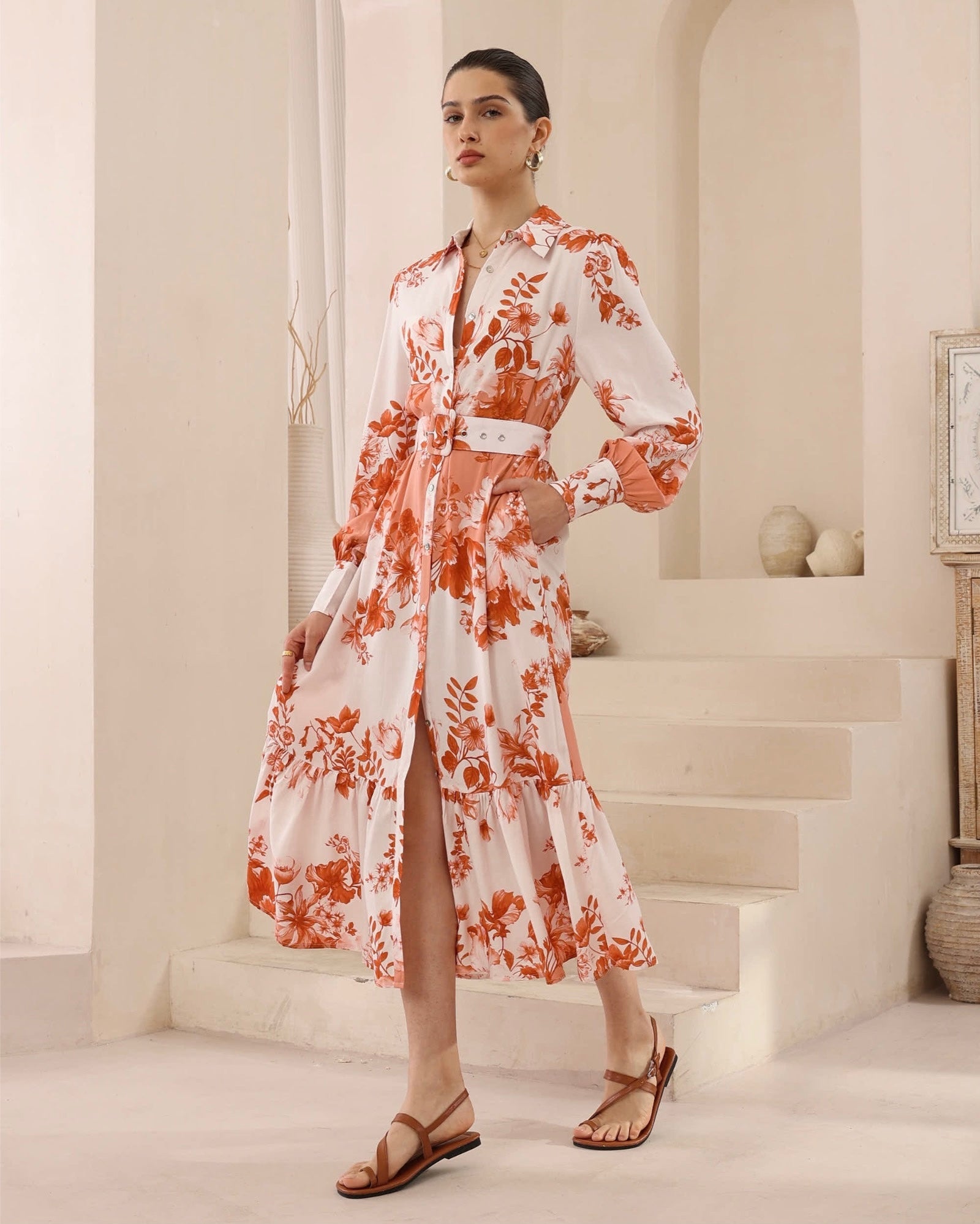 Coral Bloom Belted Midi Dress