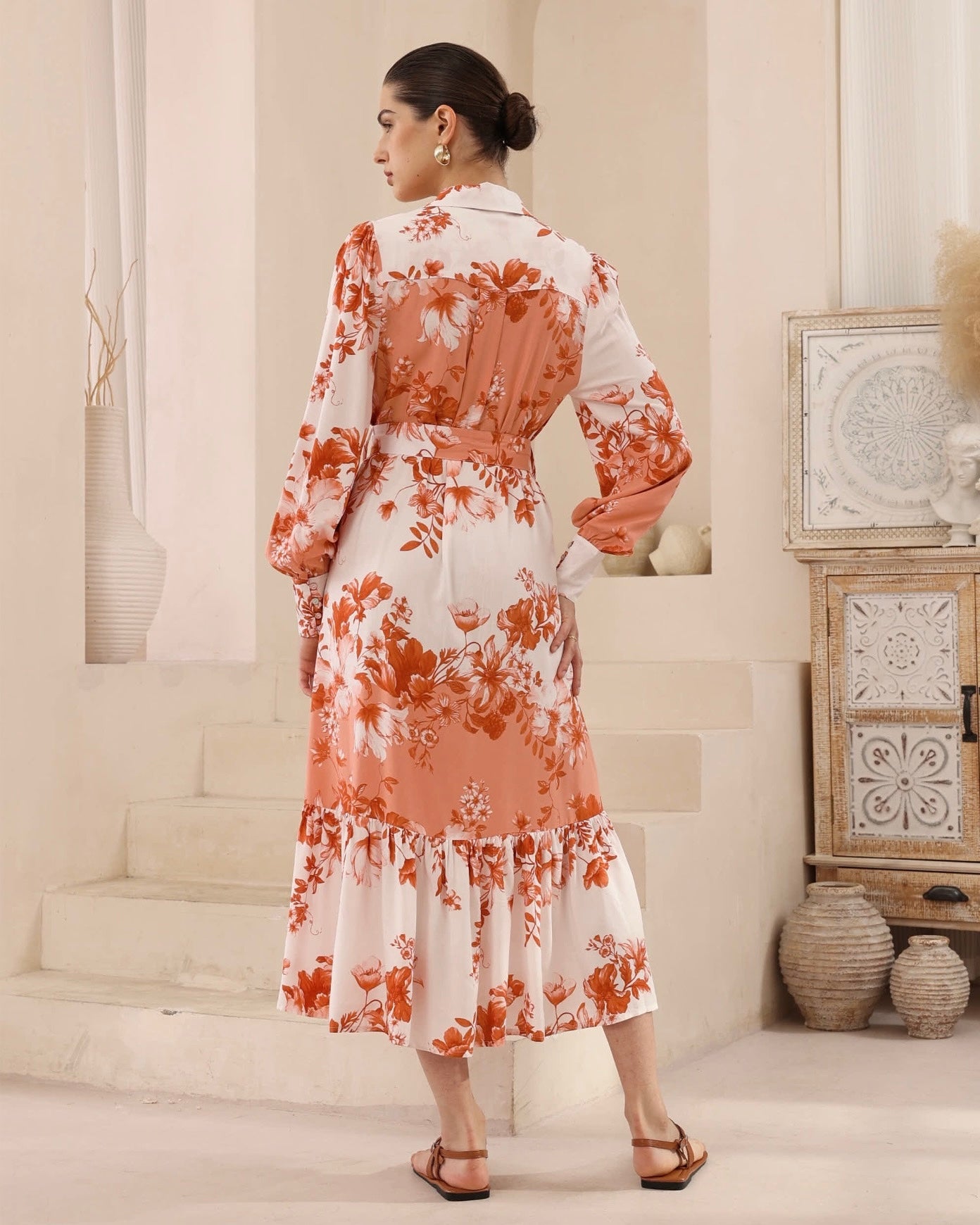 Coral Bloom Belted Midi Dress