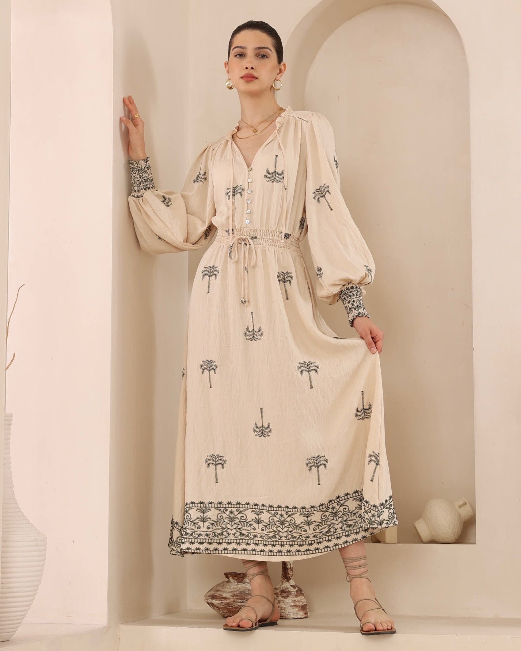 Sorrento Embroidered Palm Tree Maxi Dress
