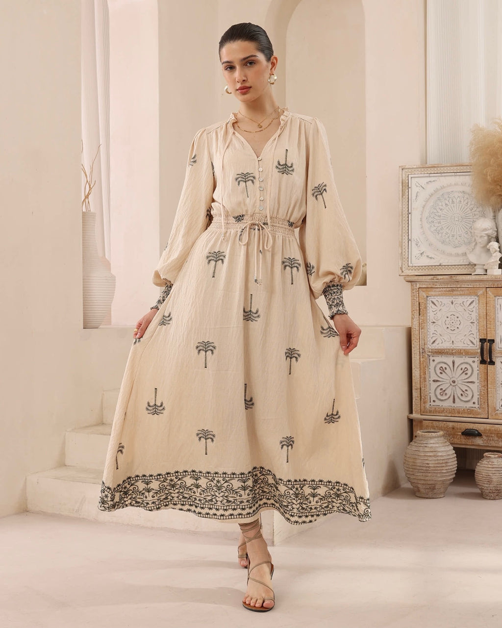 Sorrento Embroidered Palm Tree Maxi Dress