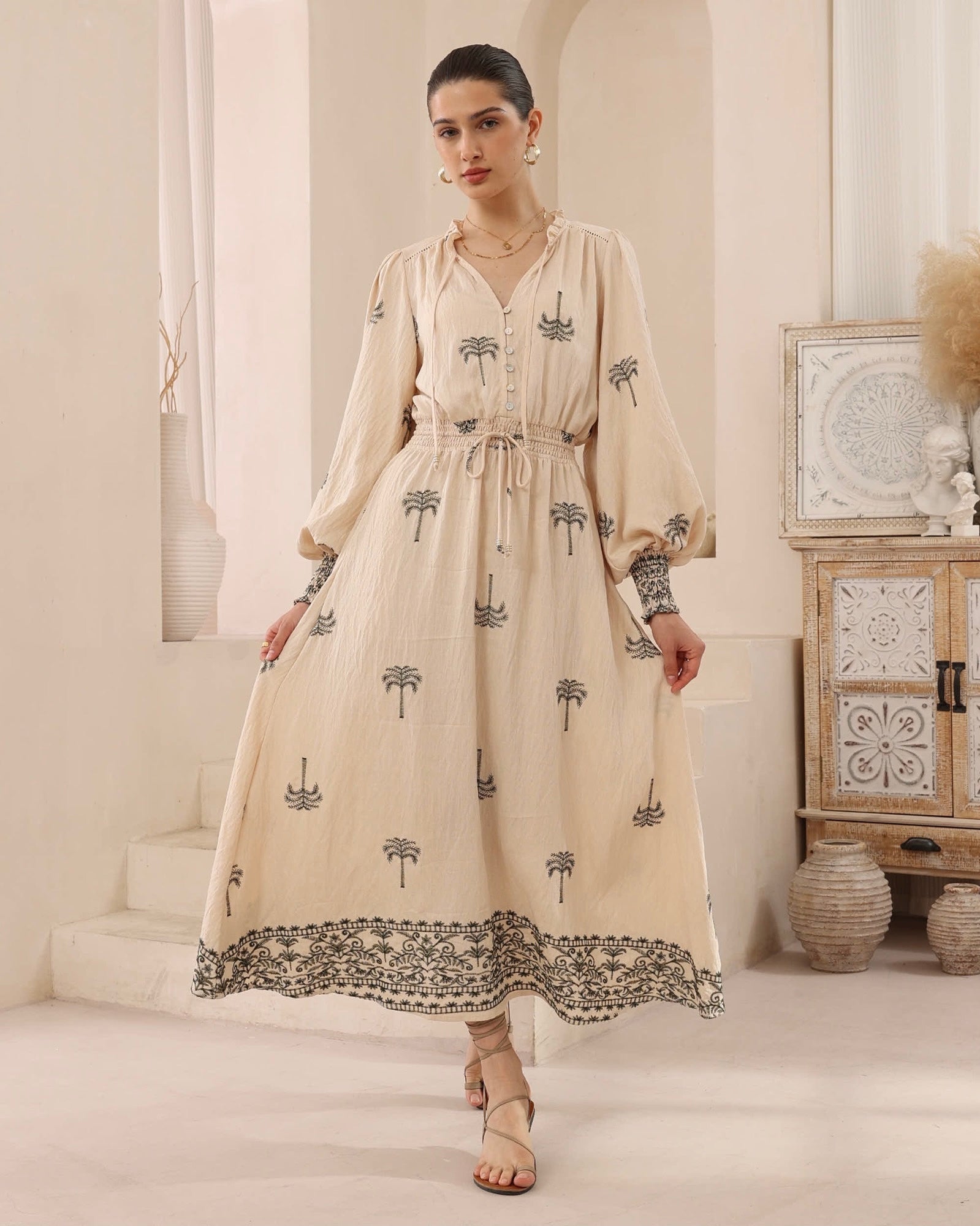 Sorrento Embroidered Palm Tree Maxi Dress