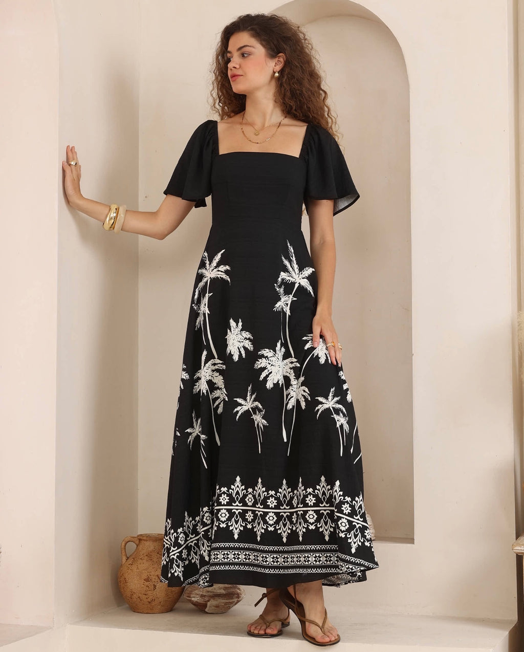 Palm Tree Black And White Maxi Dress