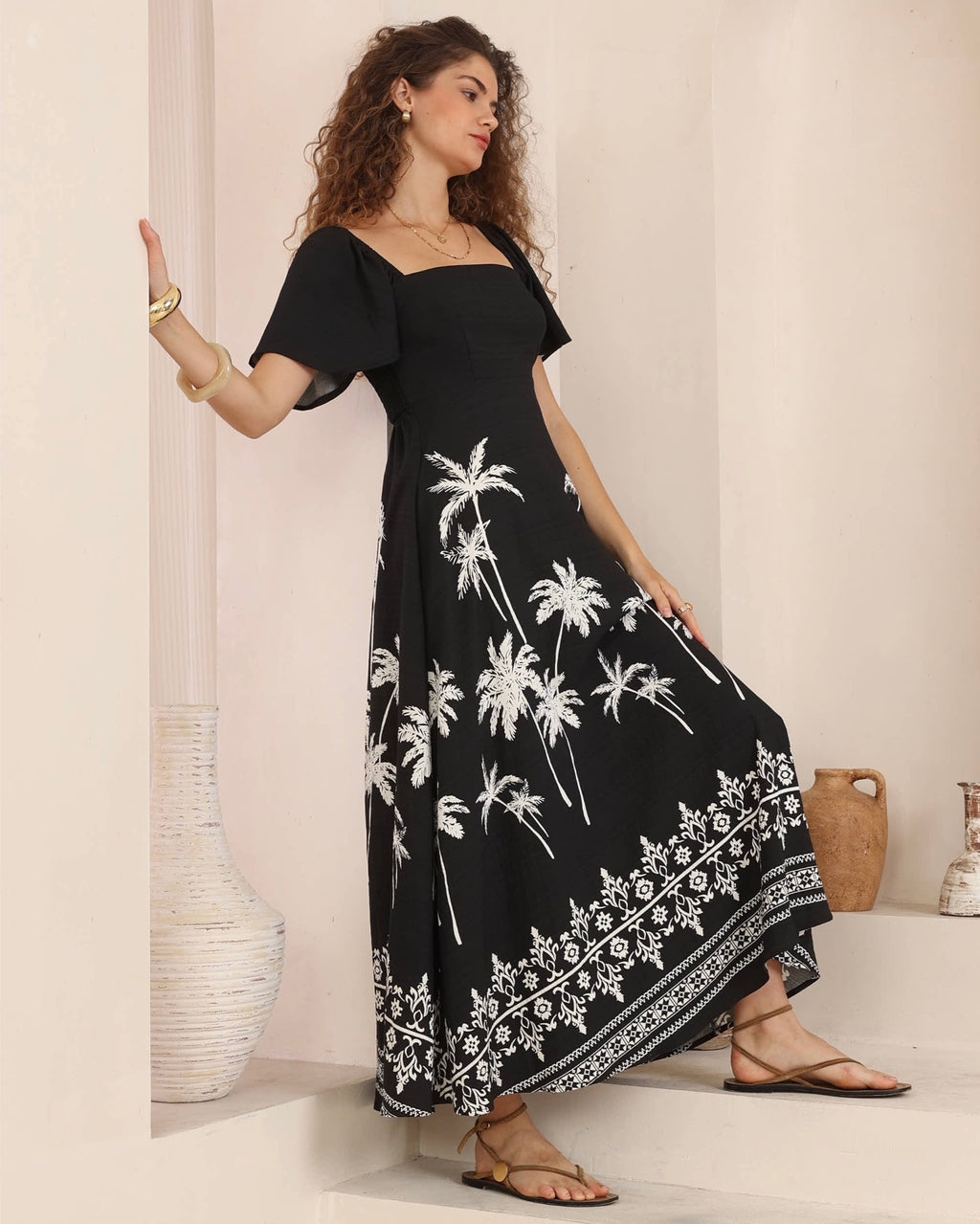 Palm Tree Black And White Maxi Dress