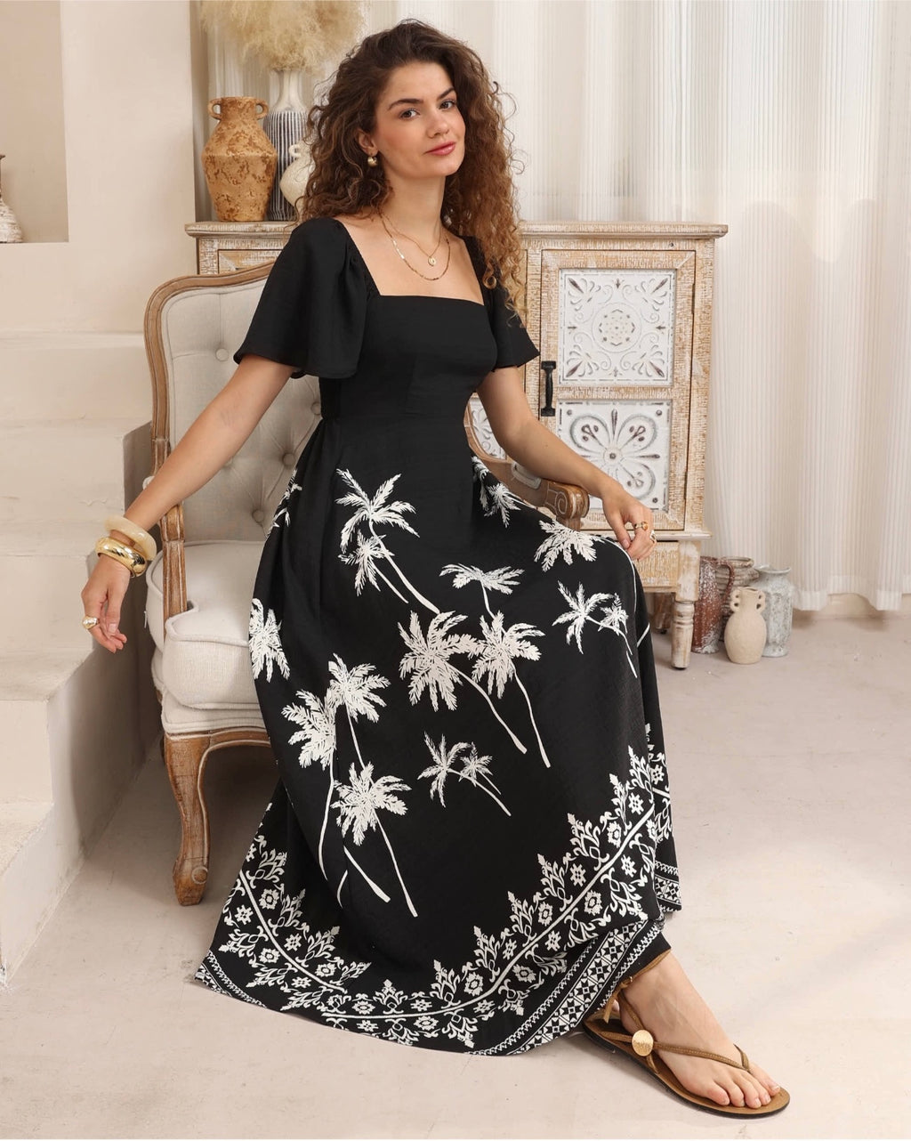 Palm Tree Black And White Maxi Dress