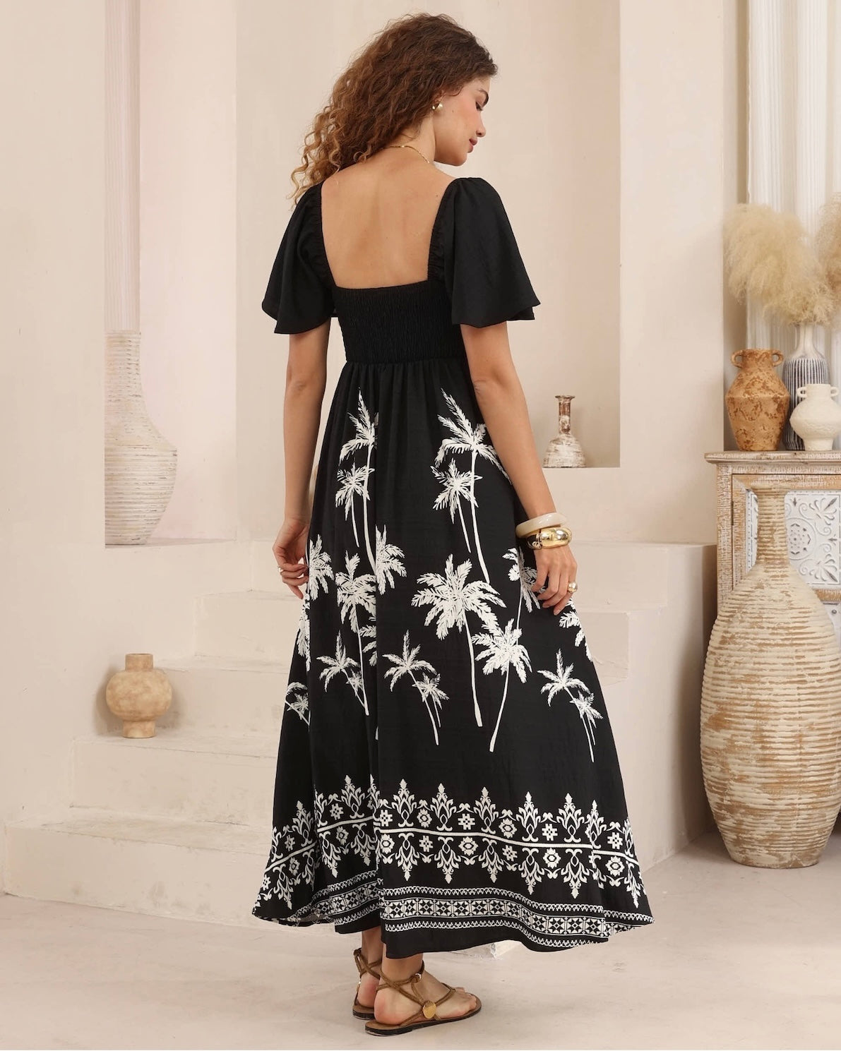 Palm Tree Black And White Maxi Dress