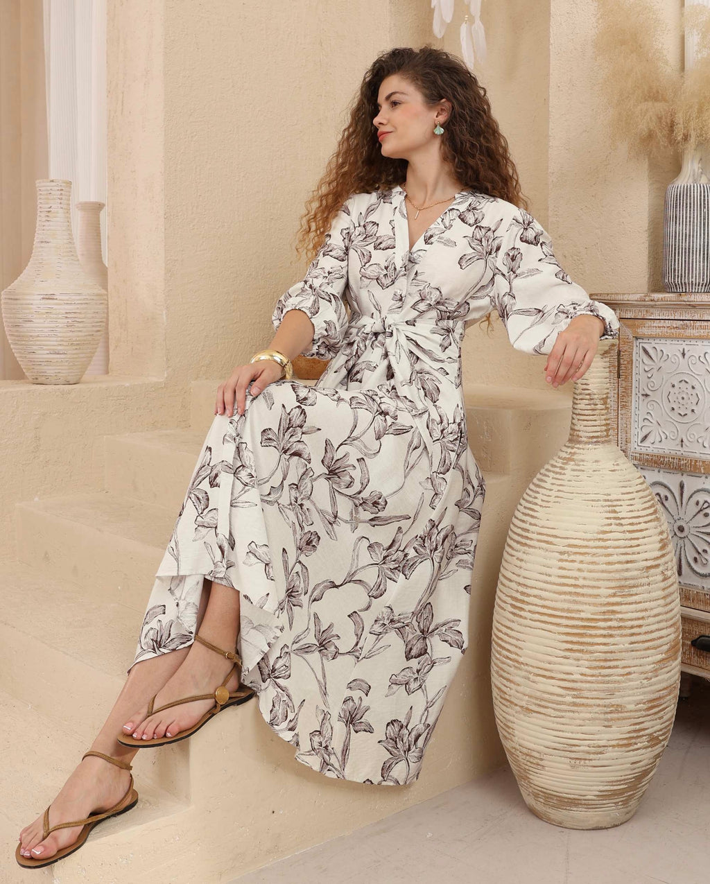 Botanical Tie Front Midi Dress