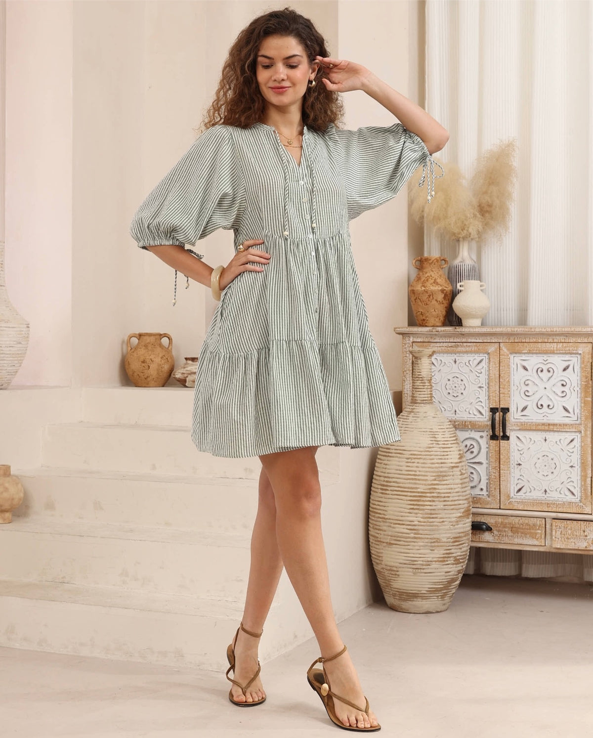 Sage Stripe Cotton Babydoll Dress