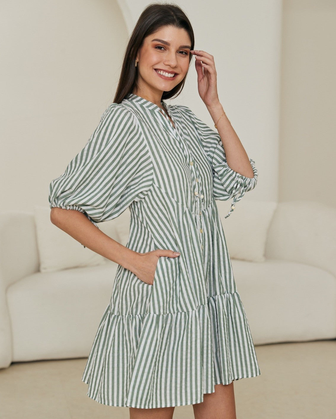 Green Striped Babydoll Dress