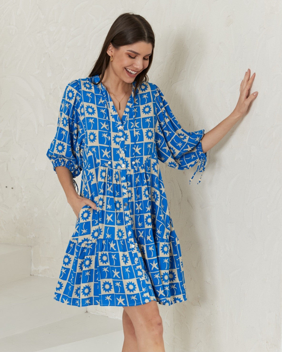 Coastal Print Blue Babydoll Dress