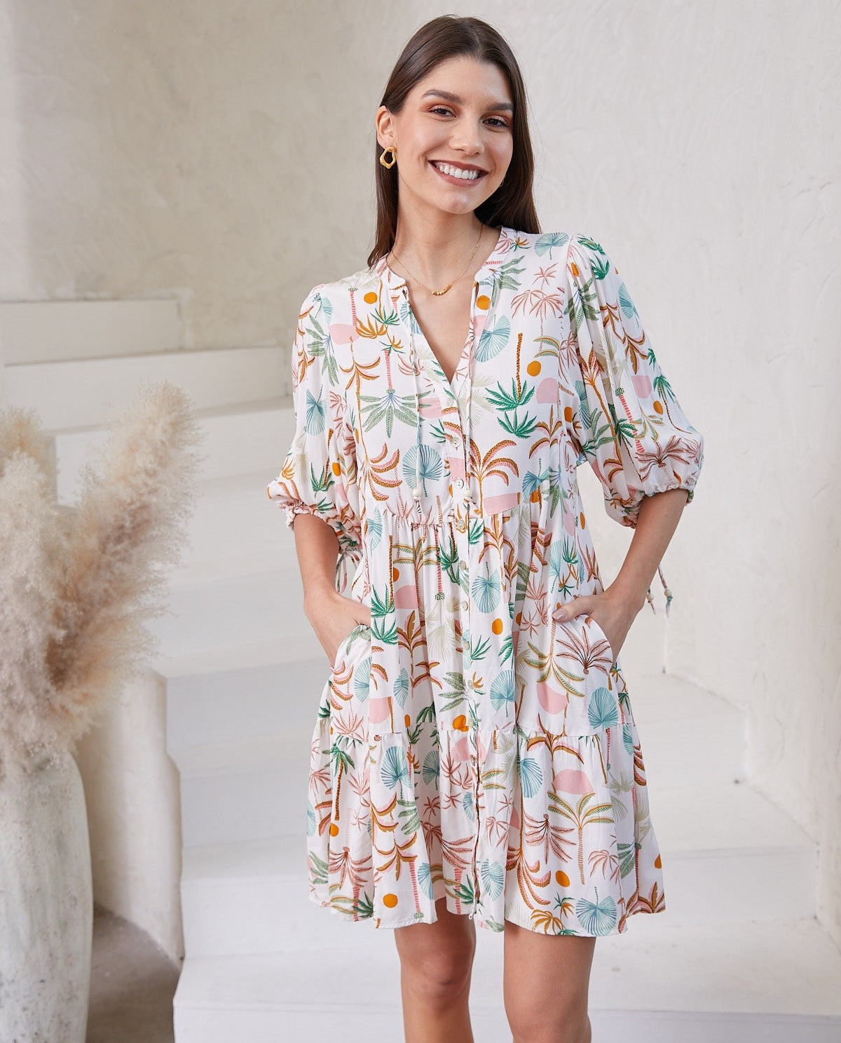 Palm Tree Print Babydoll Dress