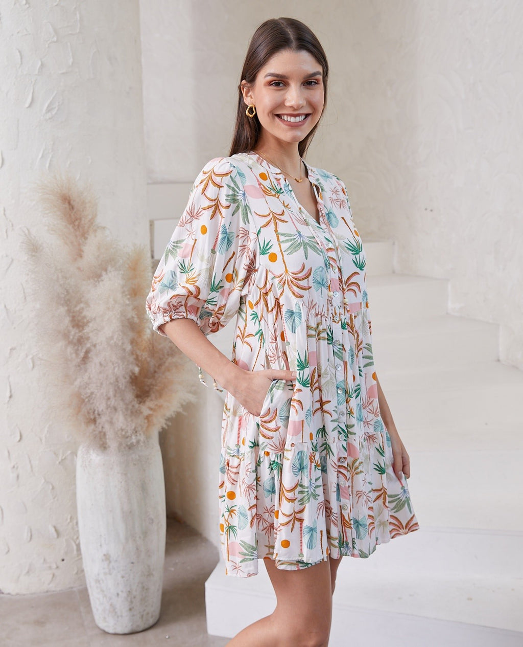 Palm Tree Print Babydoll Dress