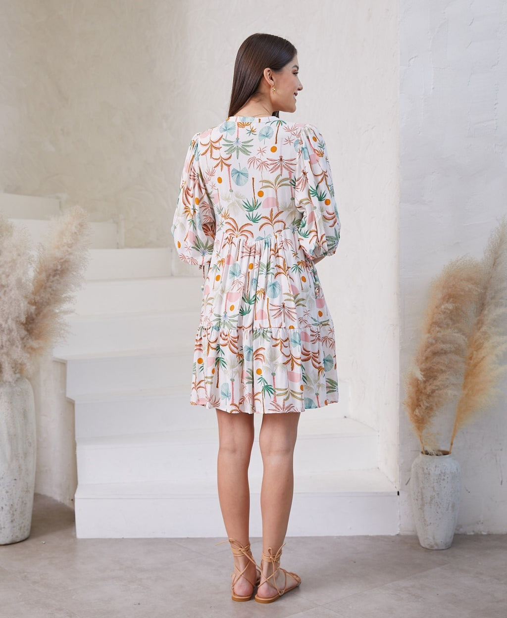 Palm Tree Print Babydoll Dress