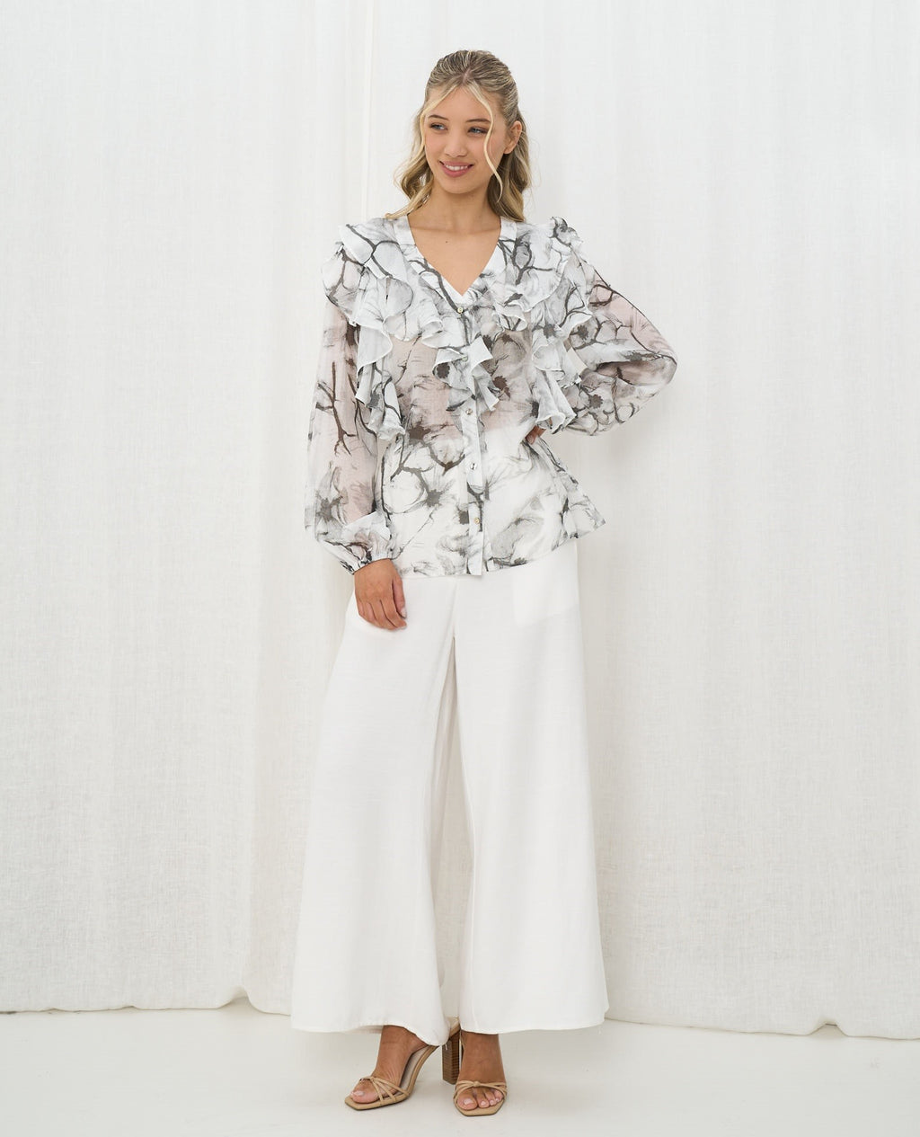 Frill Shirt Blouse Marble Print