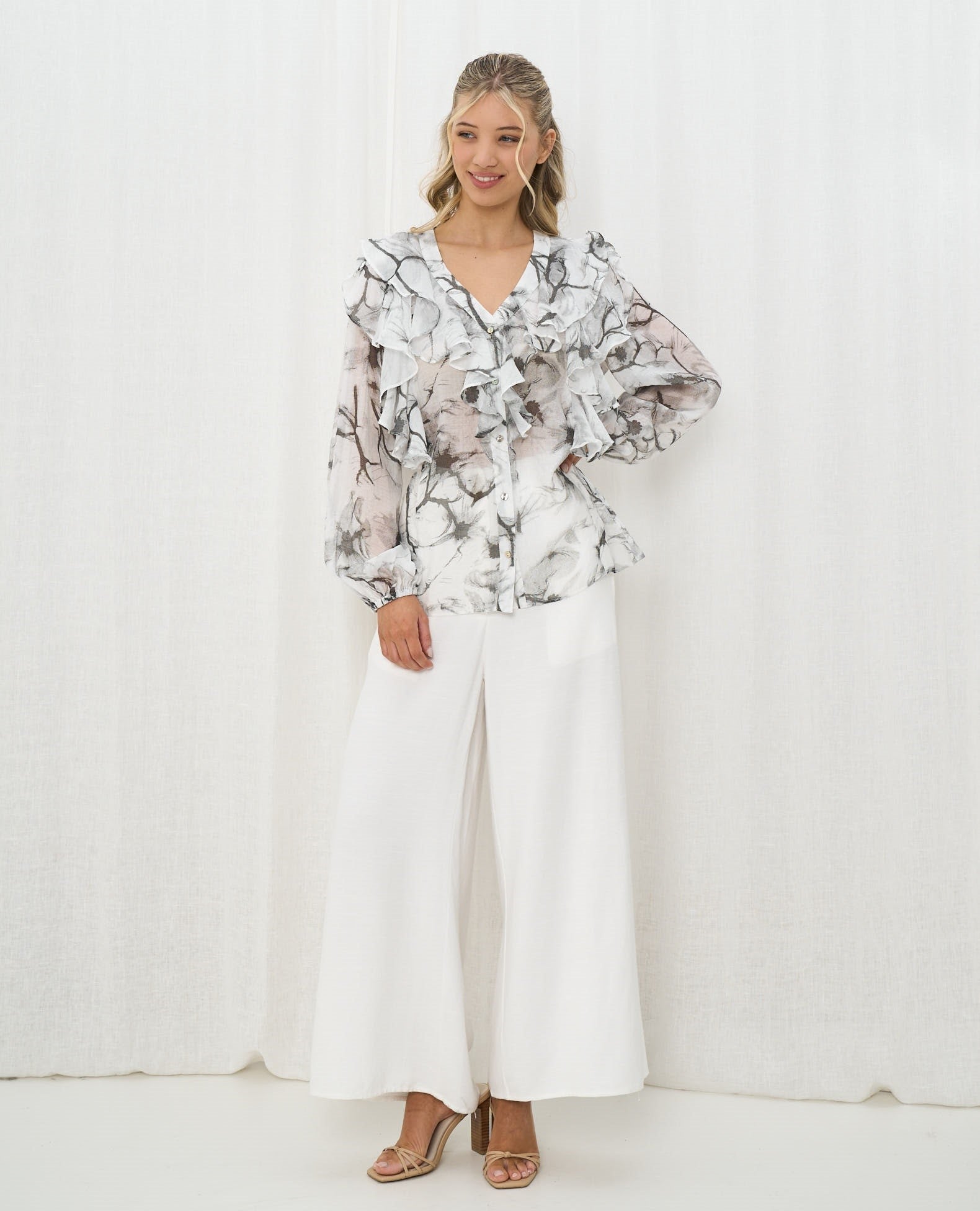Frill Shirt Blouse Marble Print