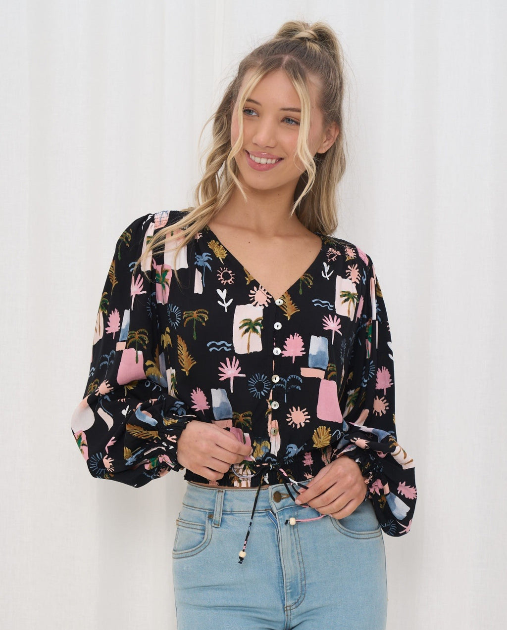 V-neck Hawaiian Palm Tree Print Blouse Shirt