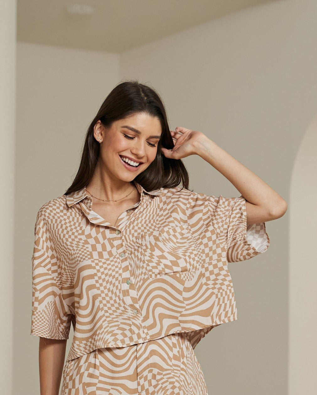 Beige Abstract Print Button-Up Crop Shirt