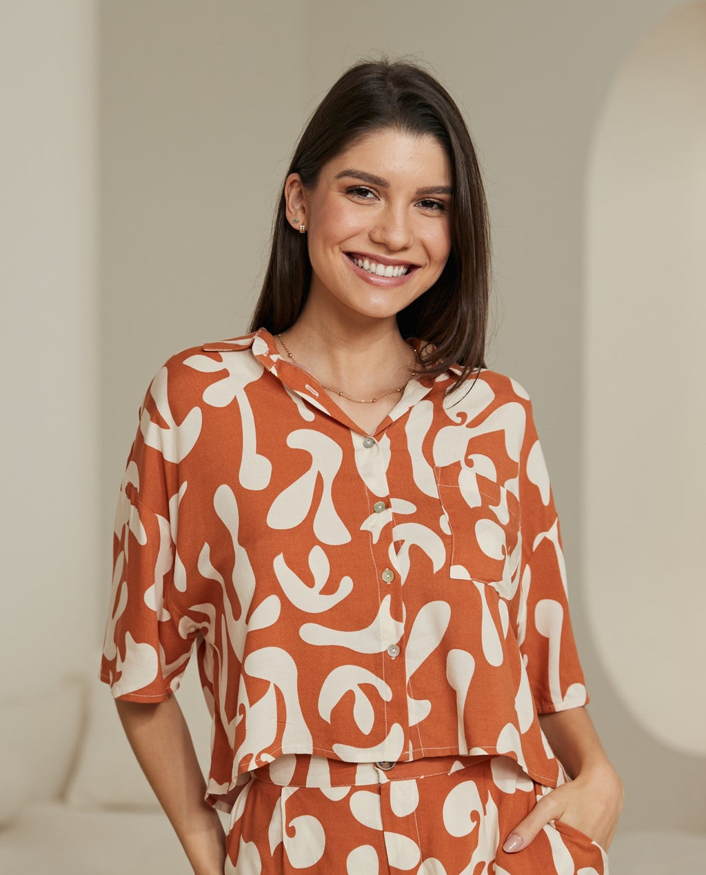 Holiday Button-Up Crop Shirt