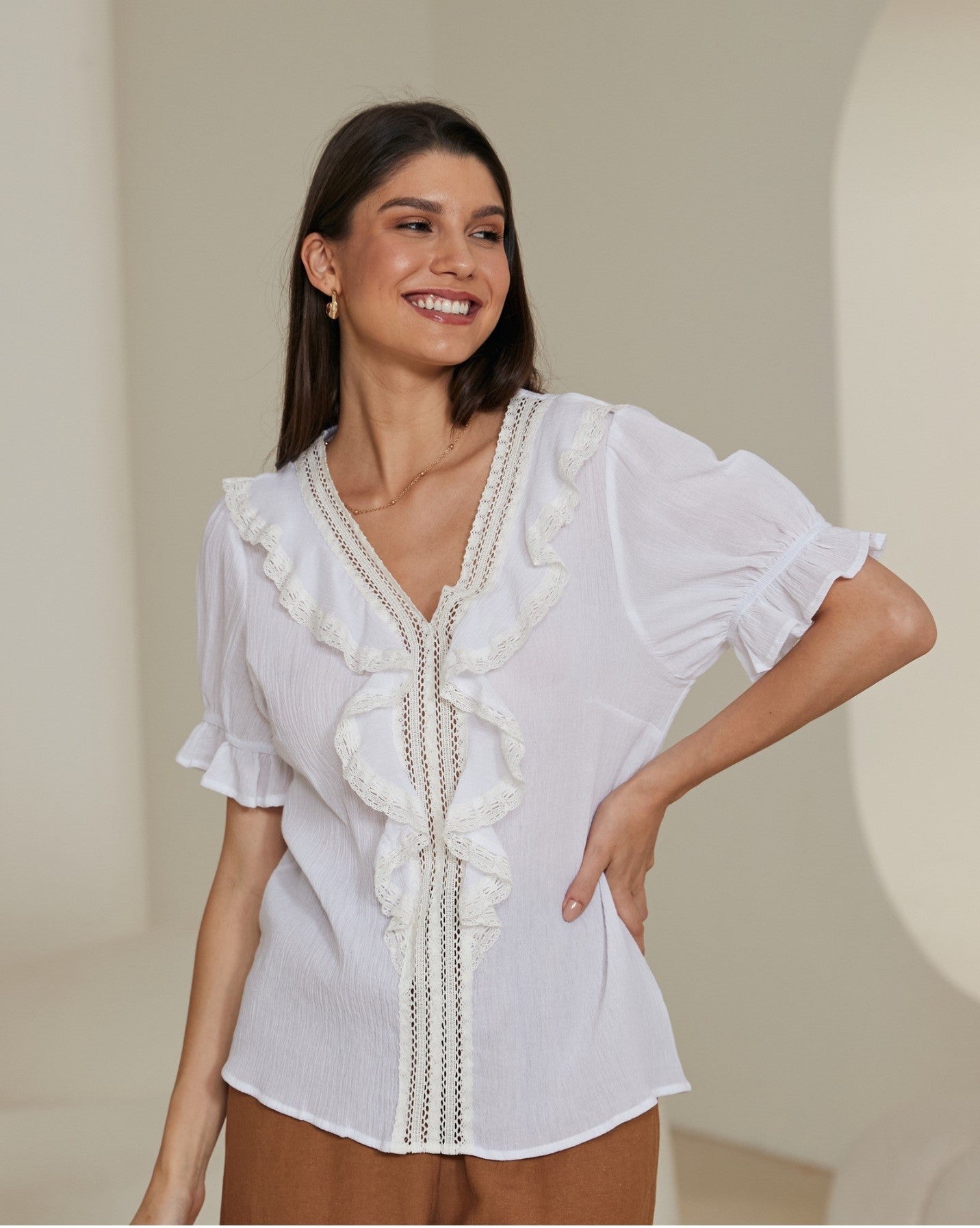 Ruffle Trim V-Neck Top