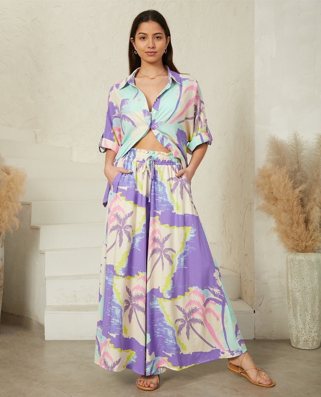 Palm Tree Print Wide-Leg Pants