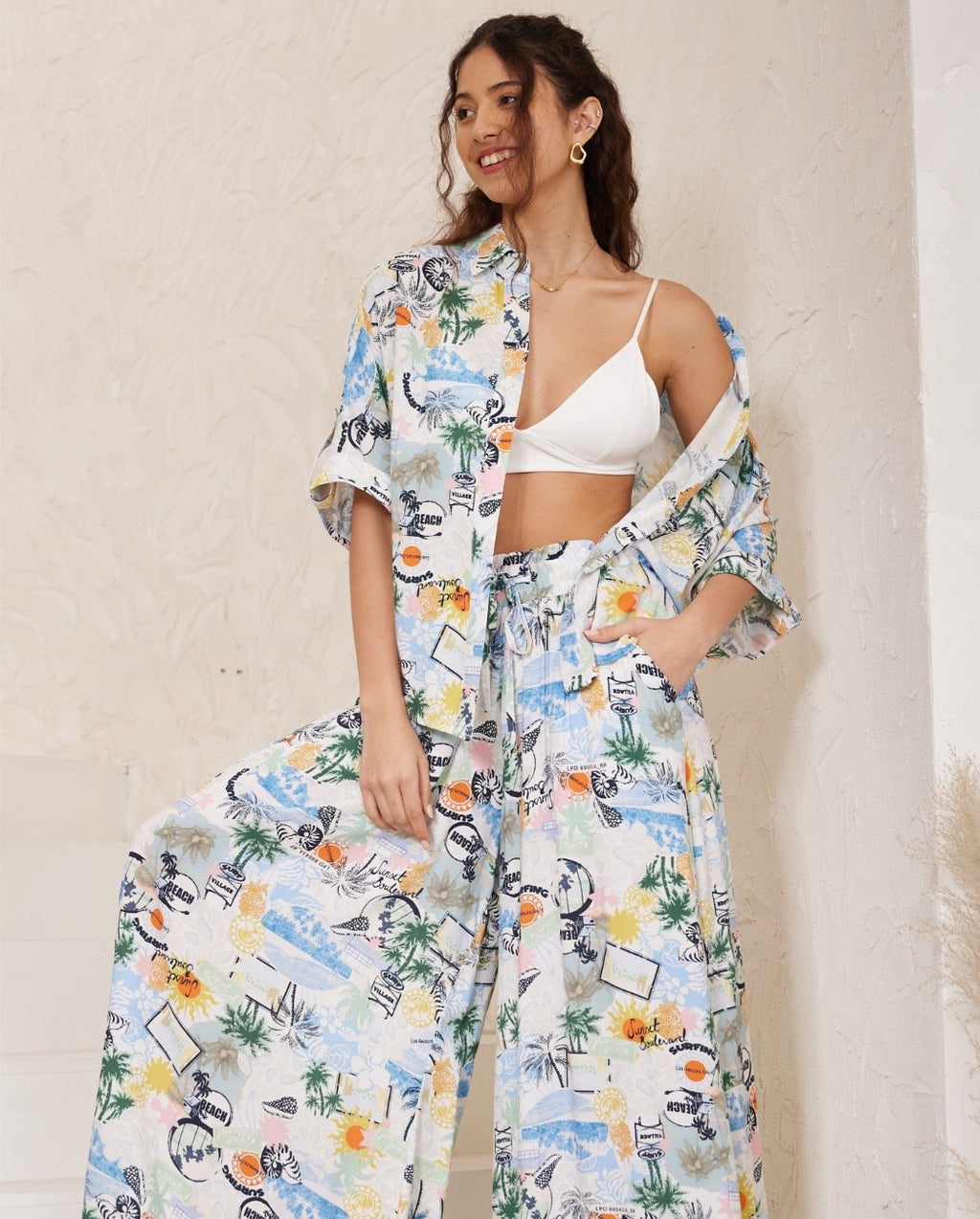 Hawaiian Print Wide Leg Pants