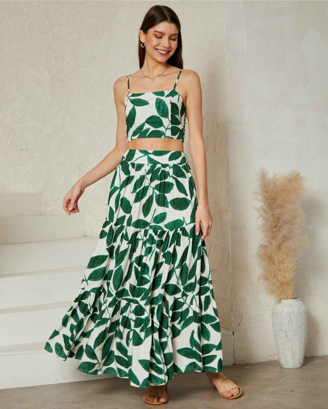 Green Leaf Print Maxi Skirt