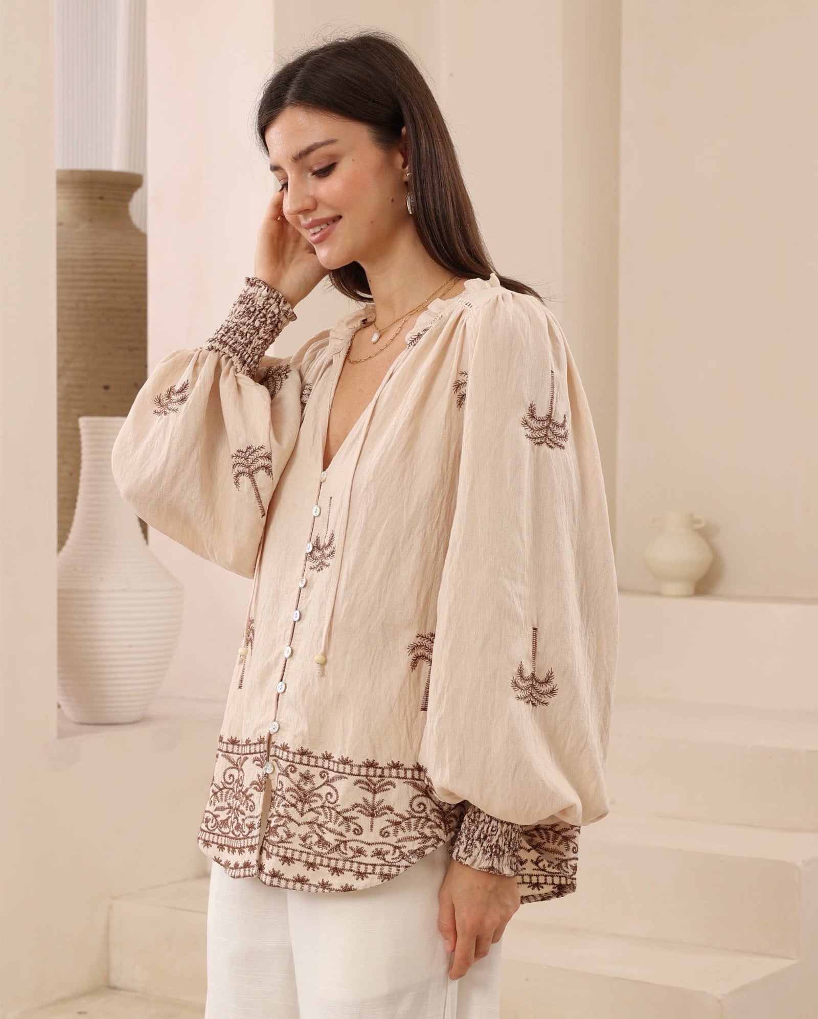 Palm Tree Embroidered Top