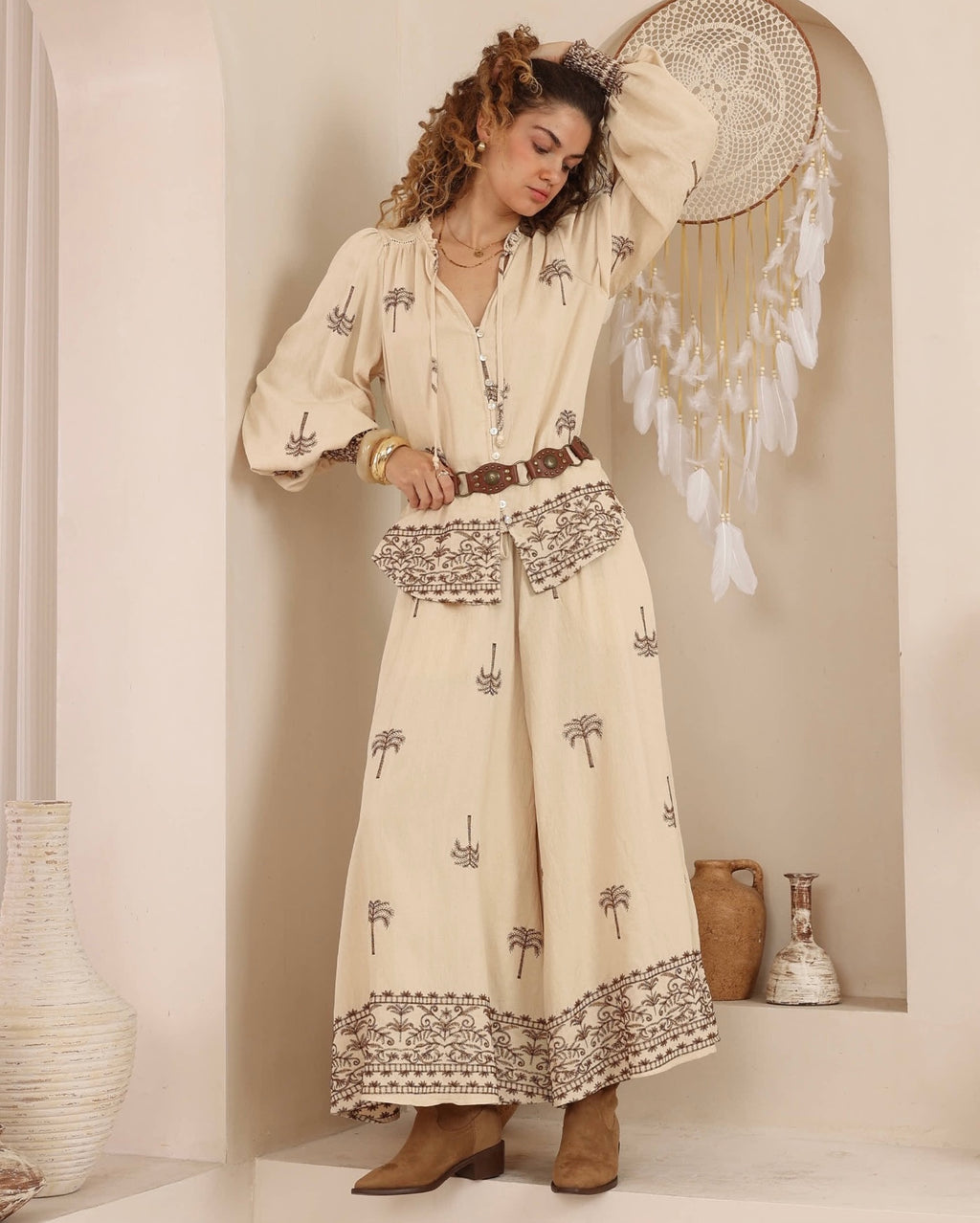 Palm Tree Embroidered Palazzo Pants