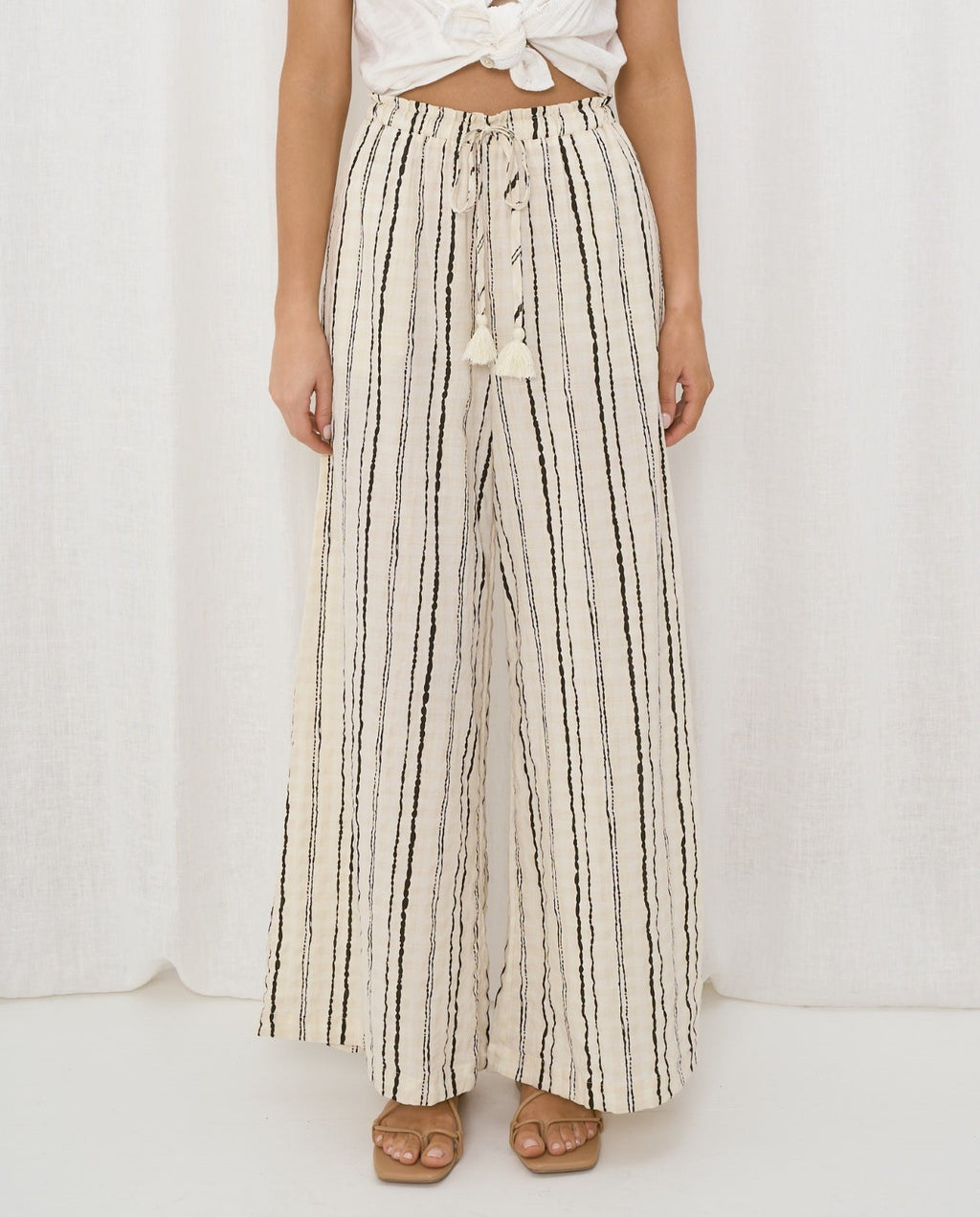 Casual Striped Wide Leg Beige Pants