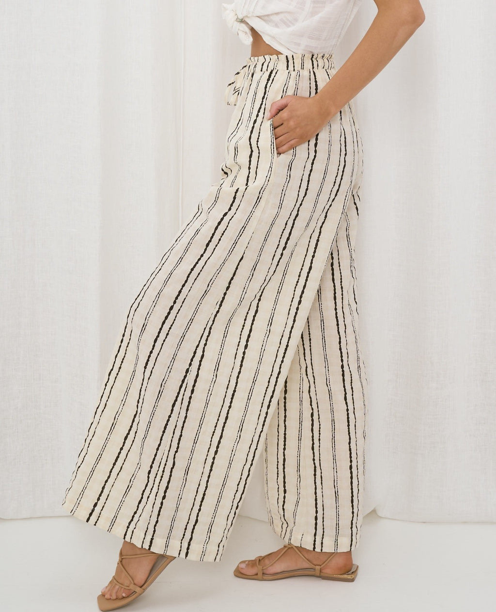 Casual Striped Wide Leg Beige Pants