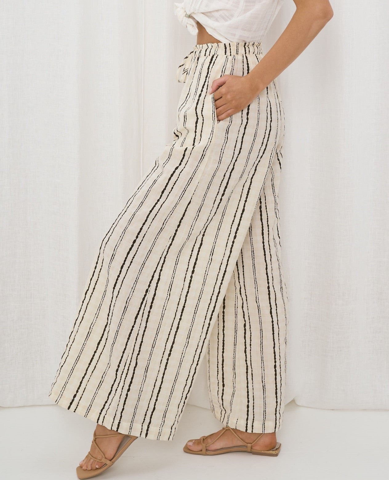 Casual Striped Wide Leg Beige Pants