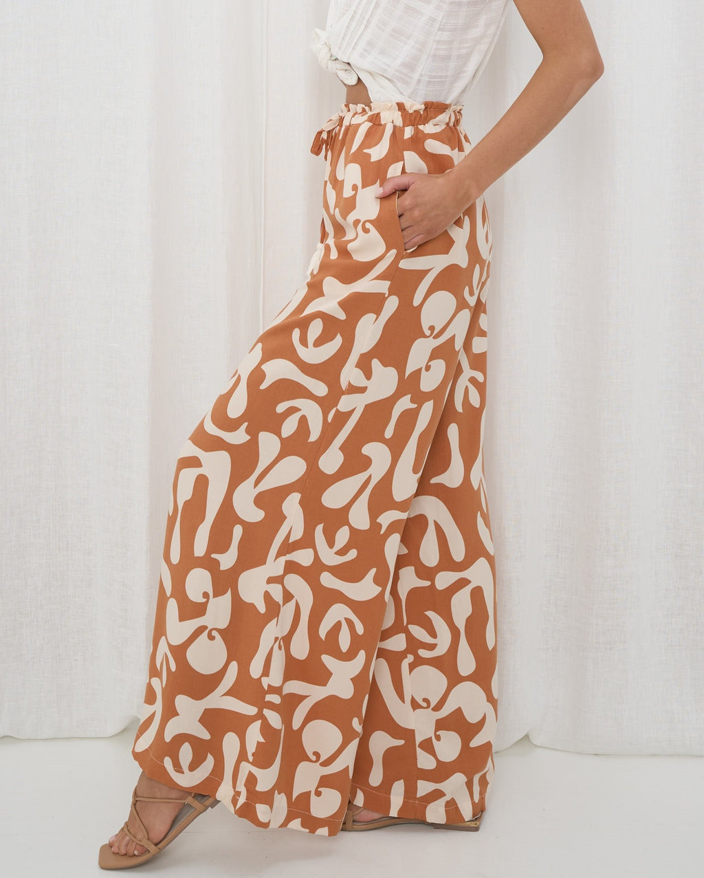 Wide Leg Pants Light Brown Print