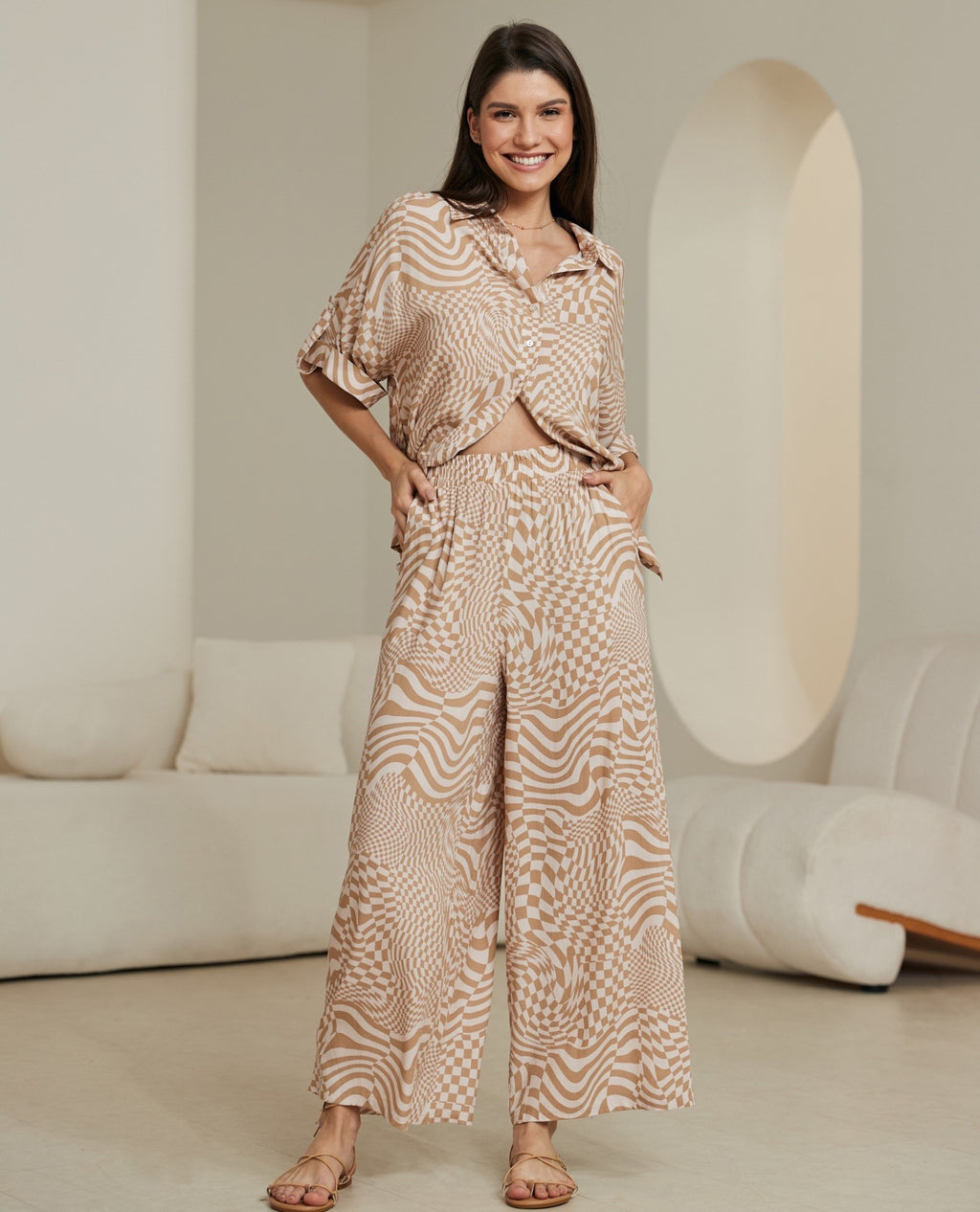 Beige Abstract Print Button-Up Shirt