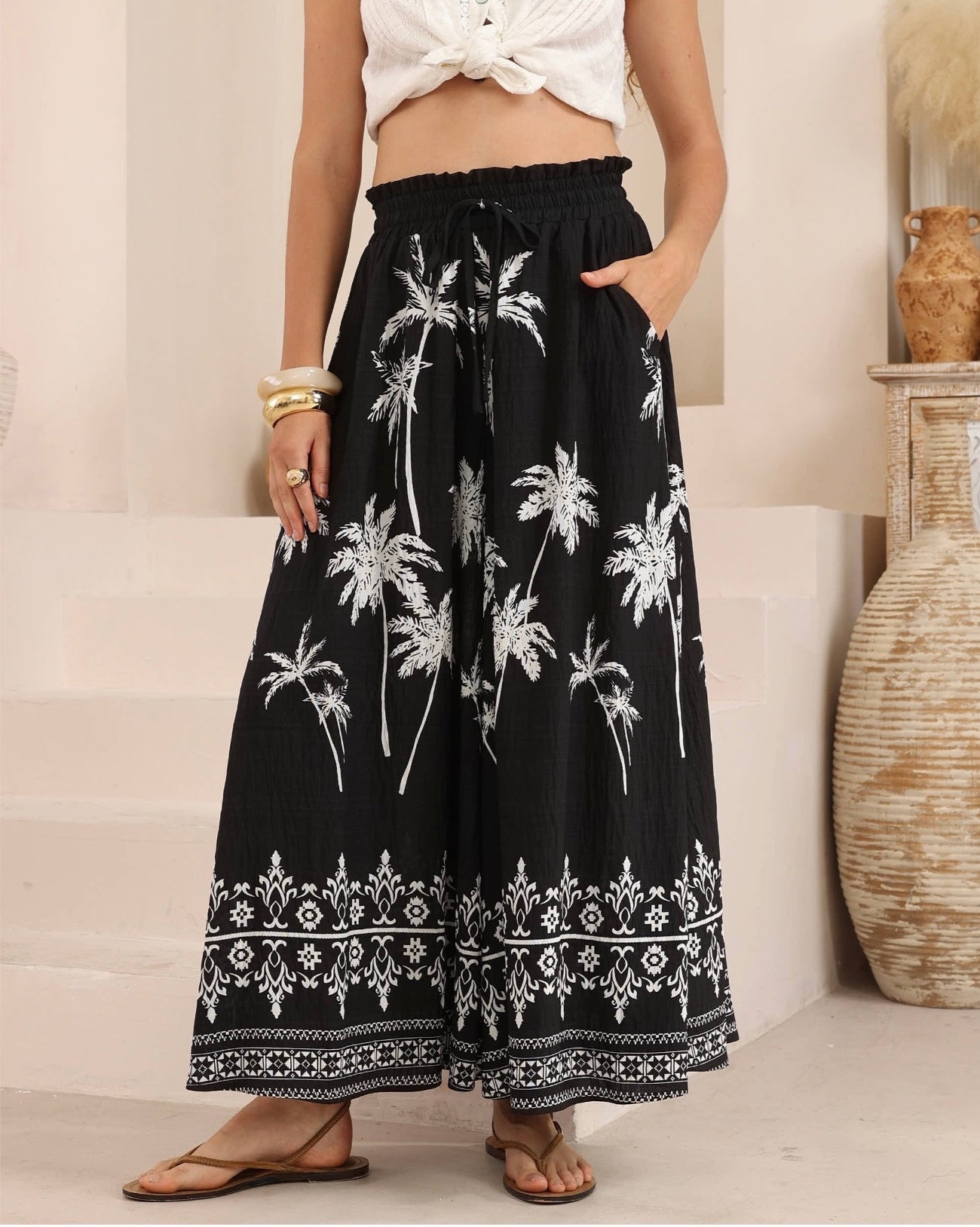 Palm Tree Black And White Palazzo Pants