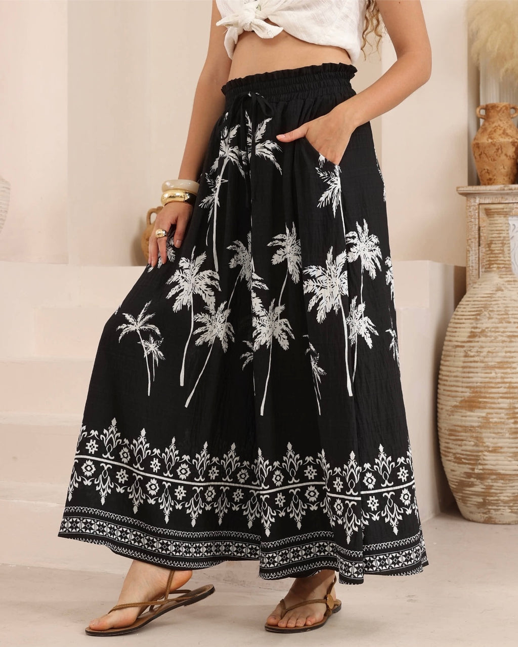 Palm Tree Black And White Palazzo Pants