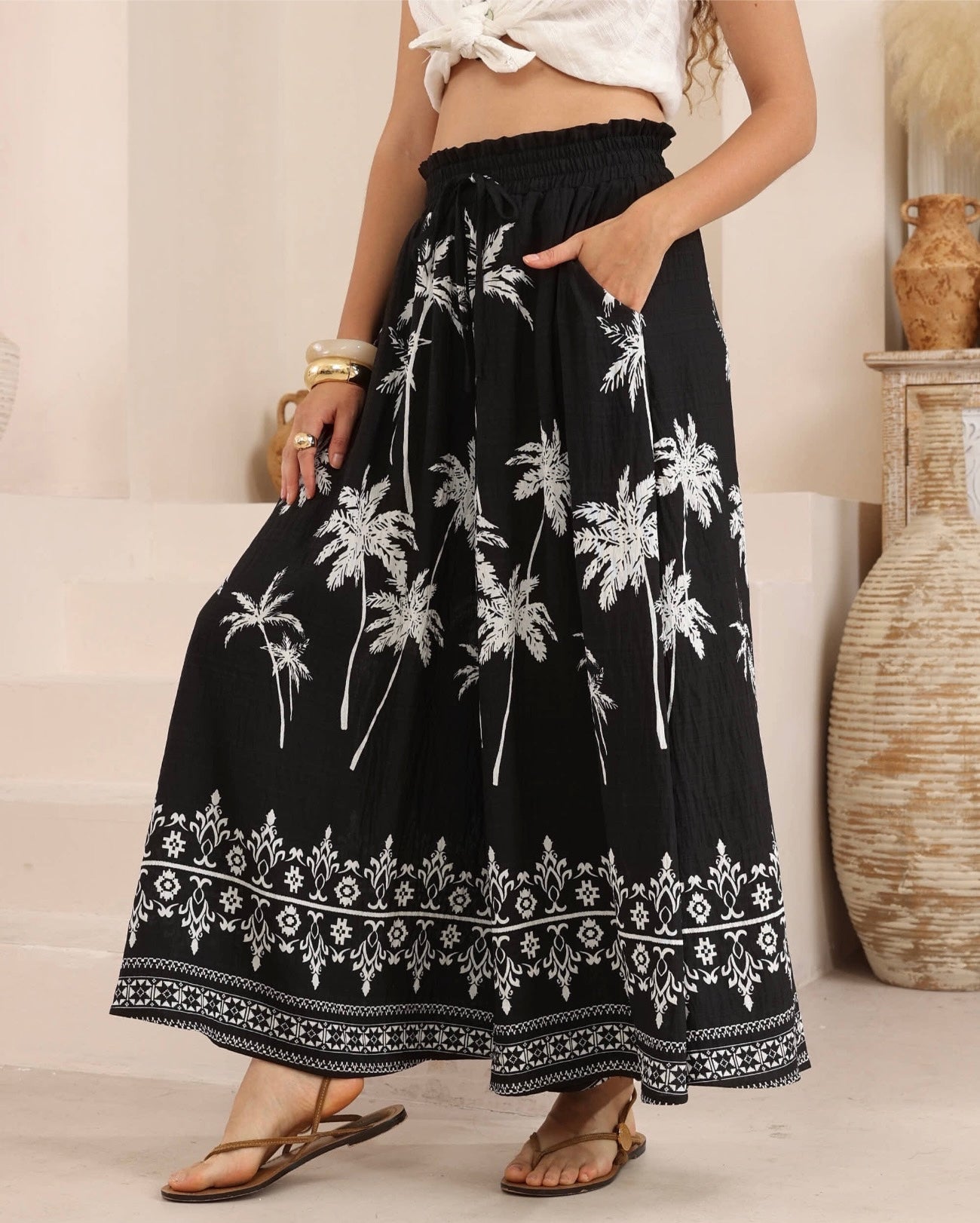 Palm Tree Black And White Palazzo Pants