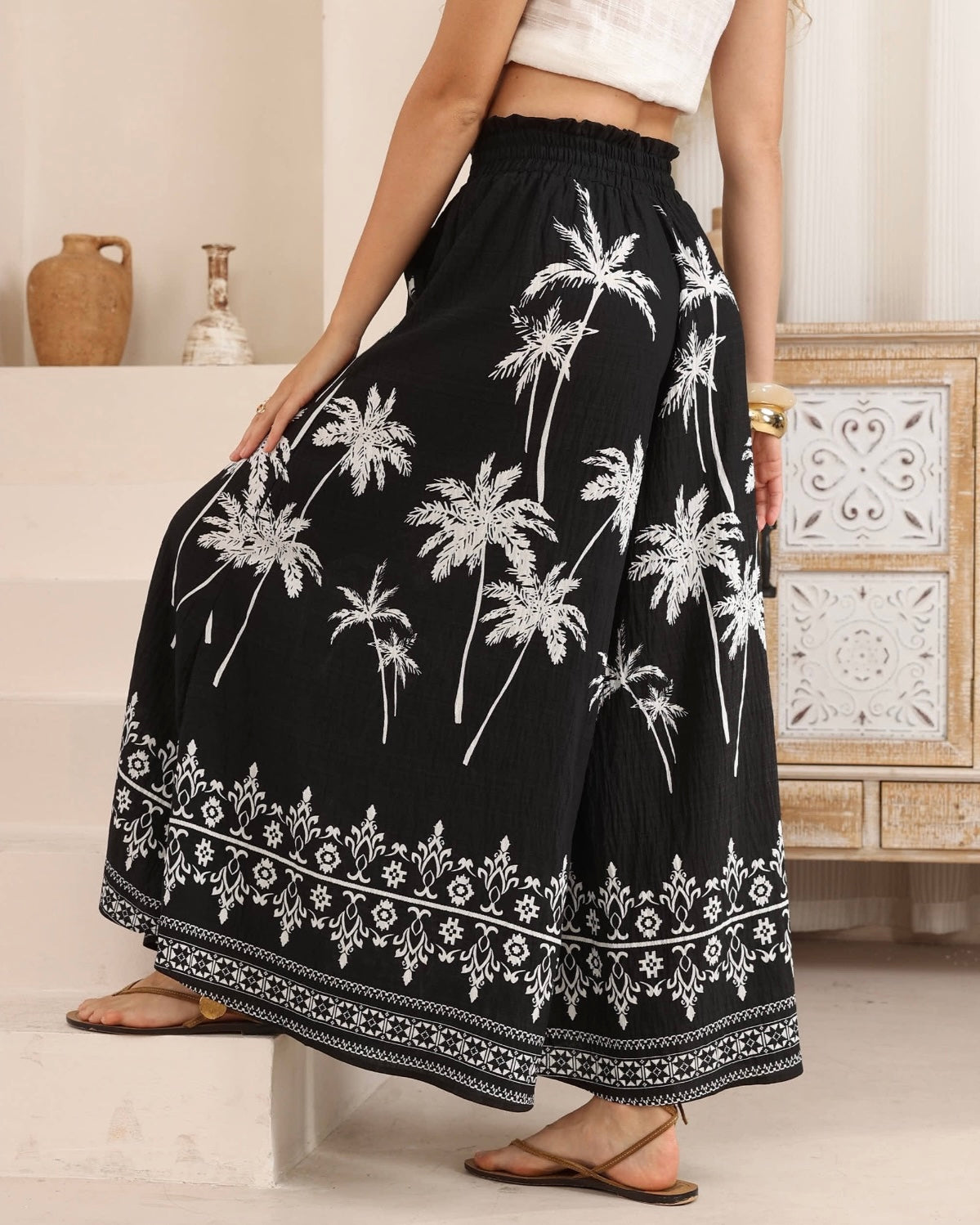 Palm Tree Black And White Palazzo Pants