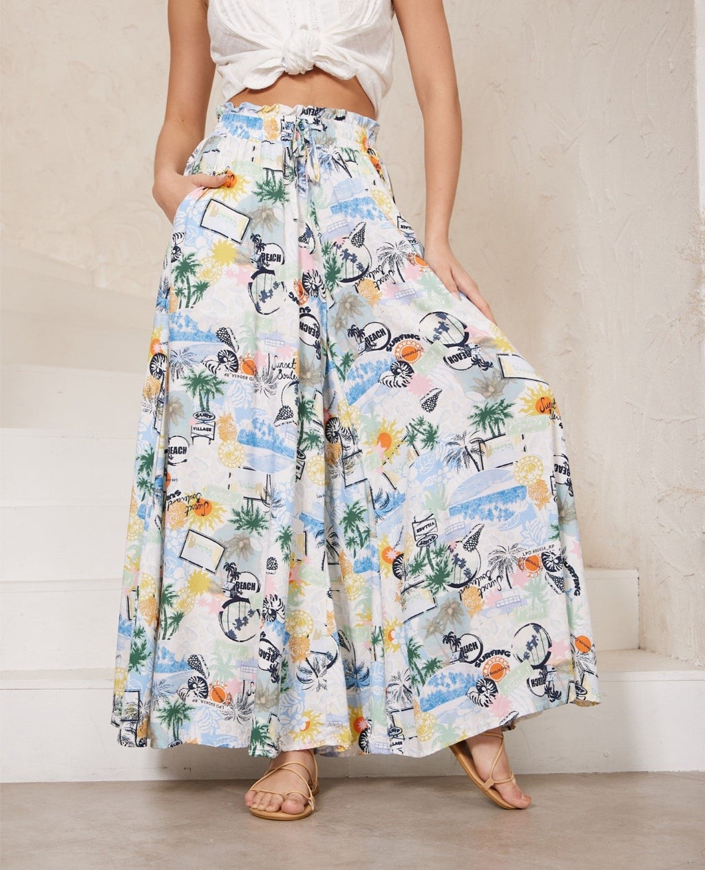 Hawaiian Print Wide Leg Pants