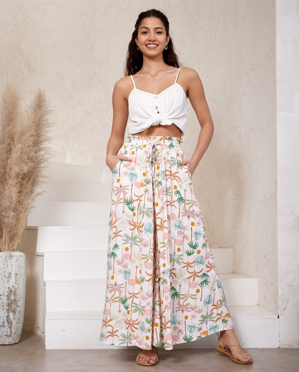 Palm Tree Print Wide Leg Pants