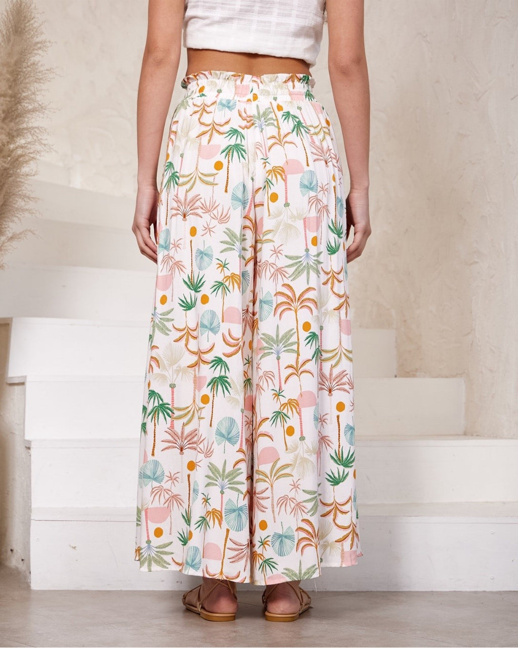 Palm Tree Print Wide Leg Pants