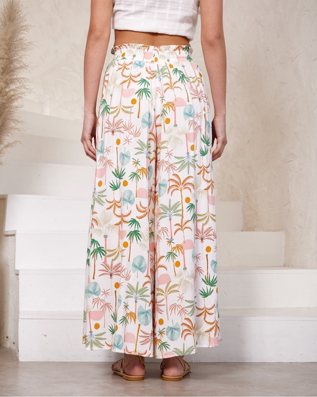 Palm Tree Print Wide Leg Pants