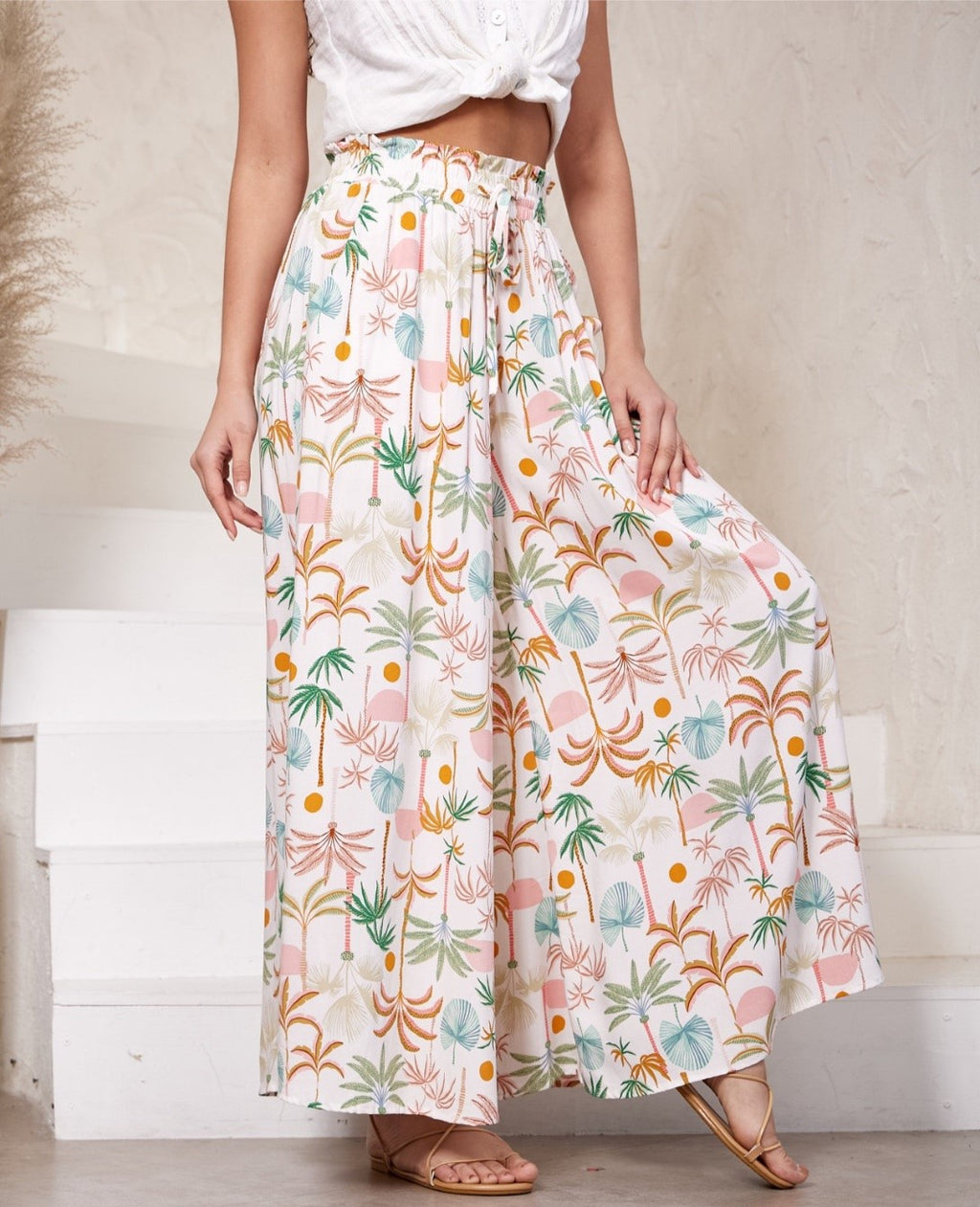 Palm Tree Print Wide Leg Pants